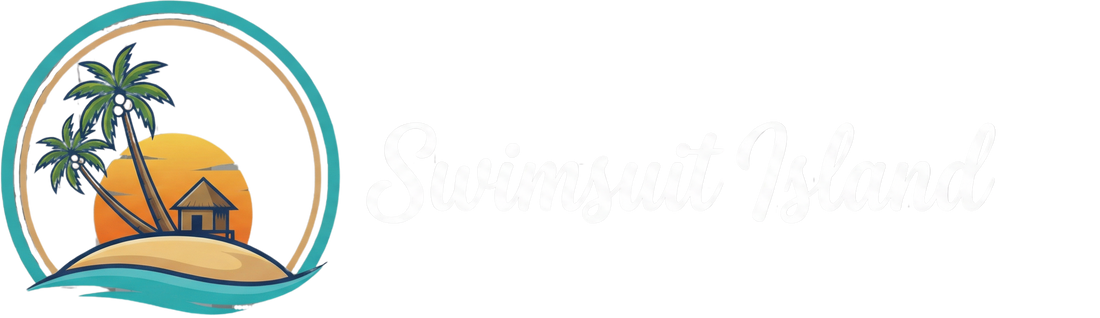 Logo with palm trees and a house on an island against a white background