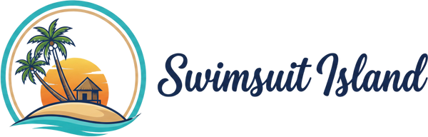 Logo of Swimsuit Island with palm trees and a hut on an island.